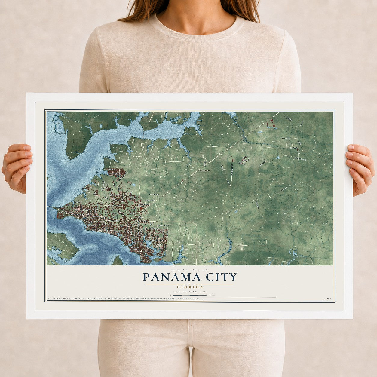 Panama City, Florida map print, 12" x 18" W/ White Ayous Wood Frame mockup