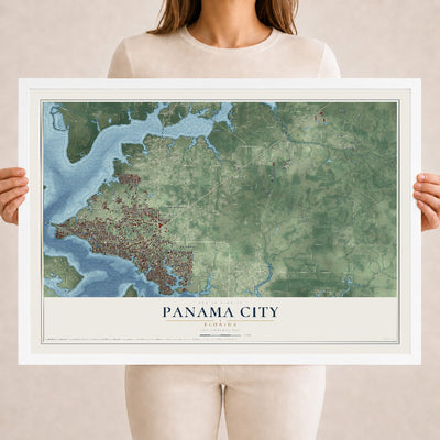 Panama City, Florida map print, 18" x 24" W/ White Ayous Wood Frame mockup