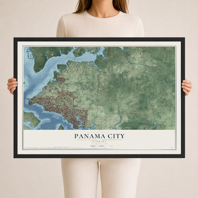 Panama City, Florida map print, 24" x 36" W/ Black Ayous Wood Frame mockup