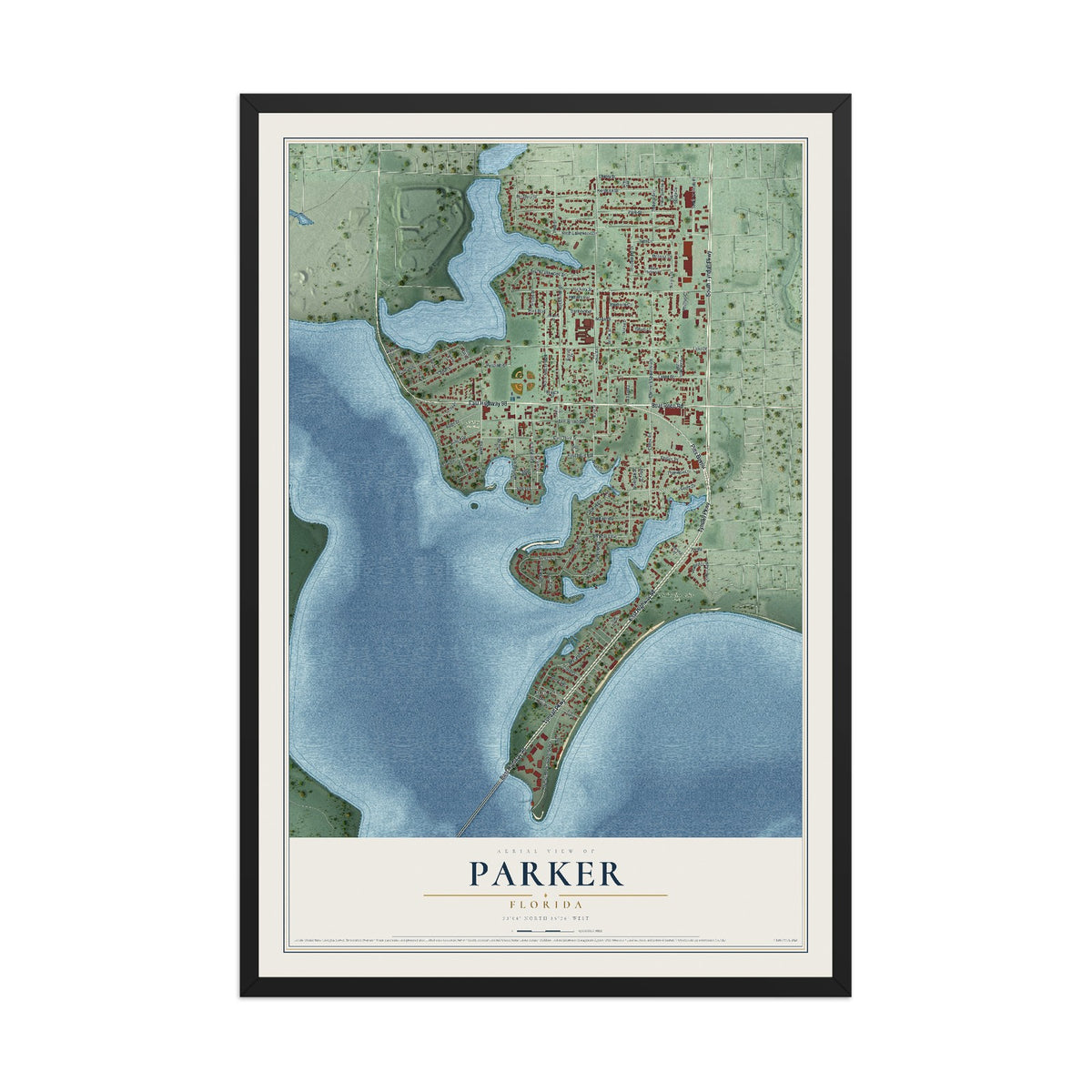 Parker, Florida map print, 12" x 18" W/ Black Ayous Wood Frame mockup