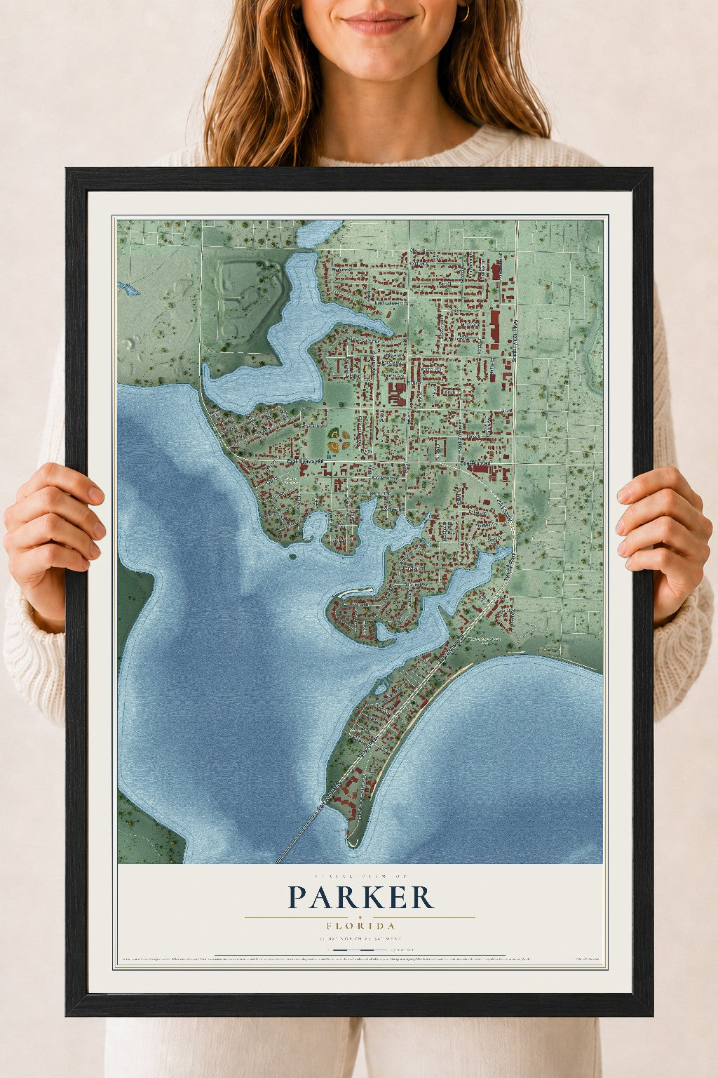 Parker, Florida map print, 18" x 24" W/ Black Ayous Wood Frame mockup