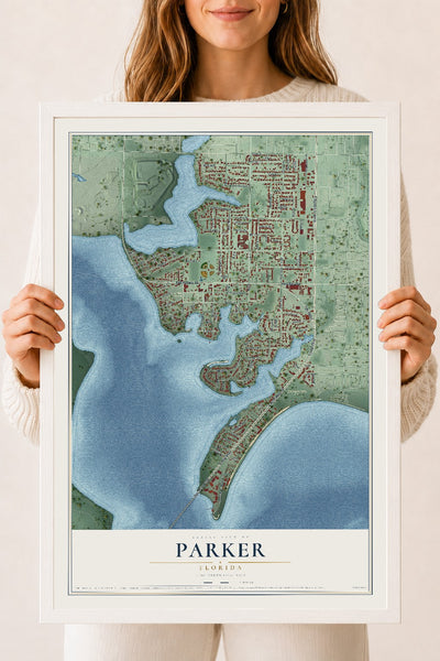 Parker, Florida map print, 18" x 24" W/ White Ayous Wood Frame mockup