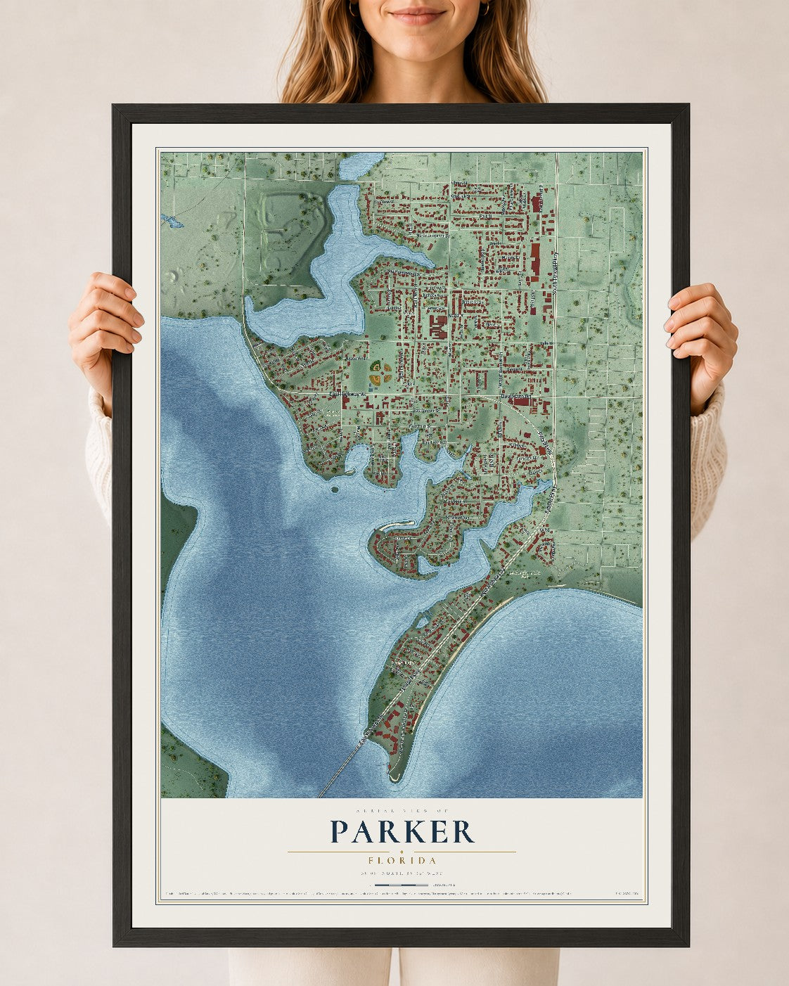 Parker, Florida map print, 24" x 36" W/ Black Ayous Wood Frame mockup
