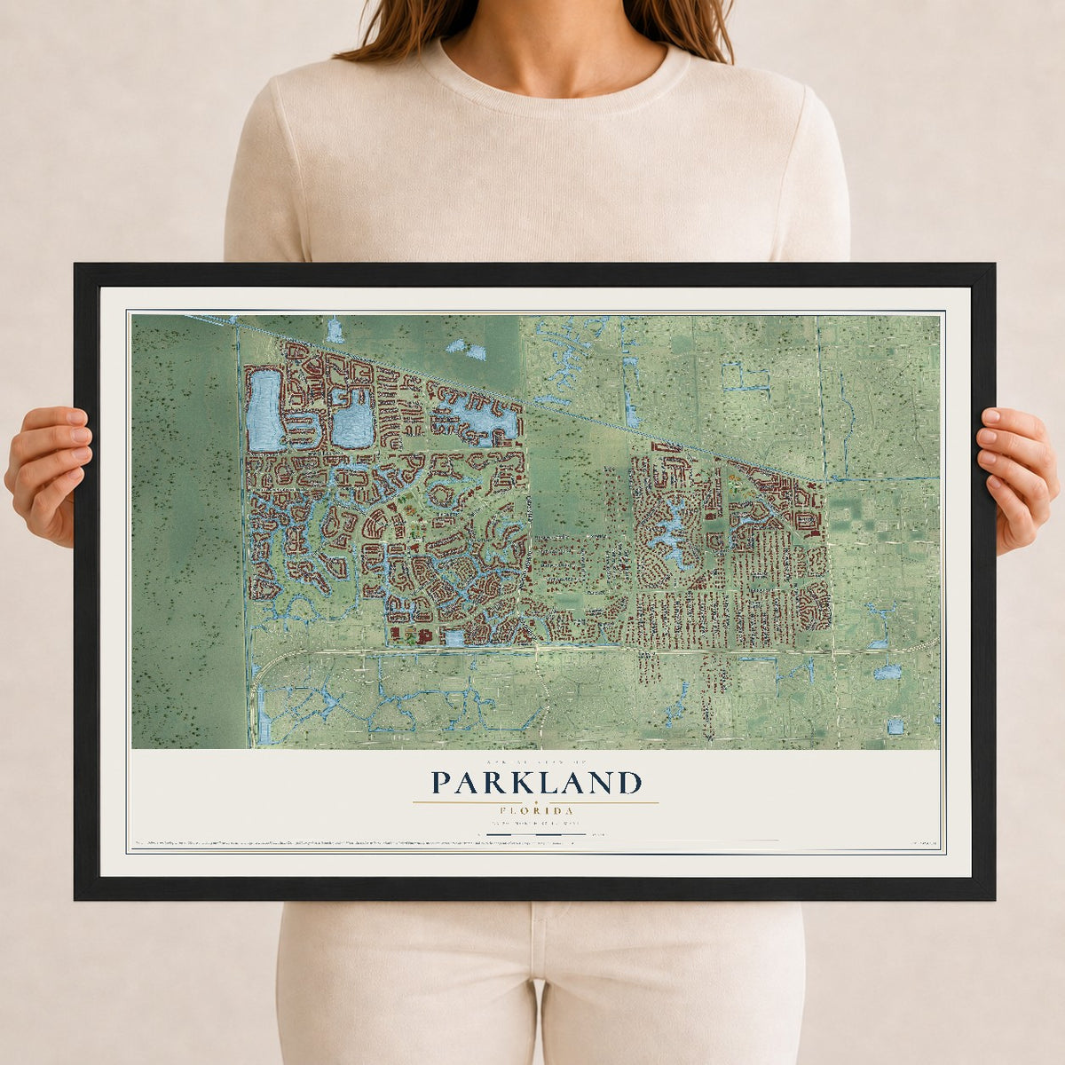 Parkland, Florida map print, 12" x 18" W/ Black Ayous Wood Frame mockup