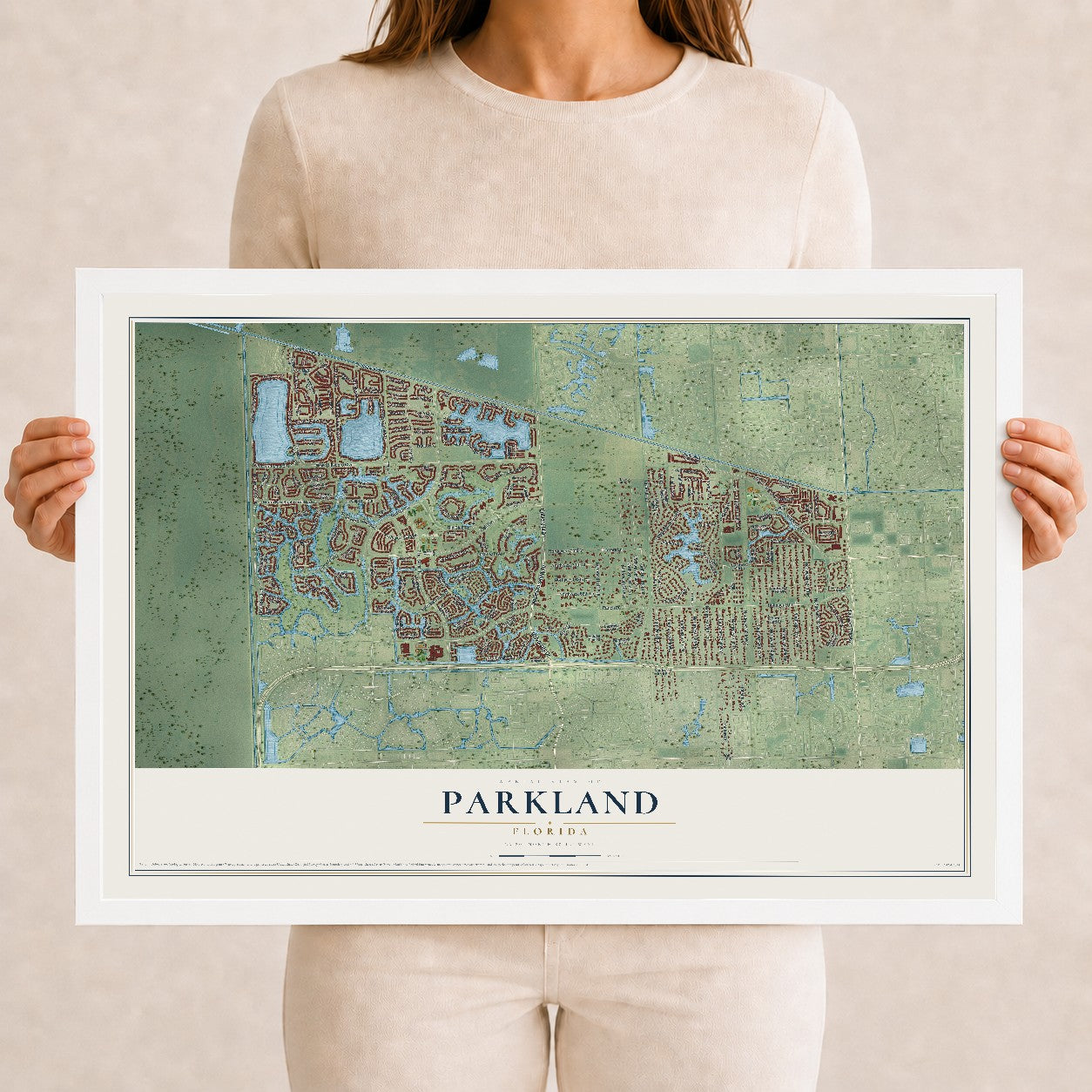 Parkland, Florida map print, 12" x 18" W/ White Ayous Wood Frame mockup