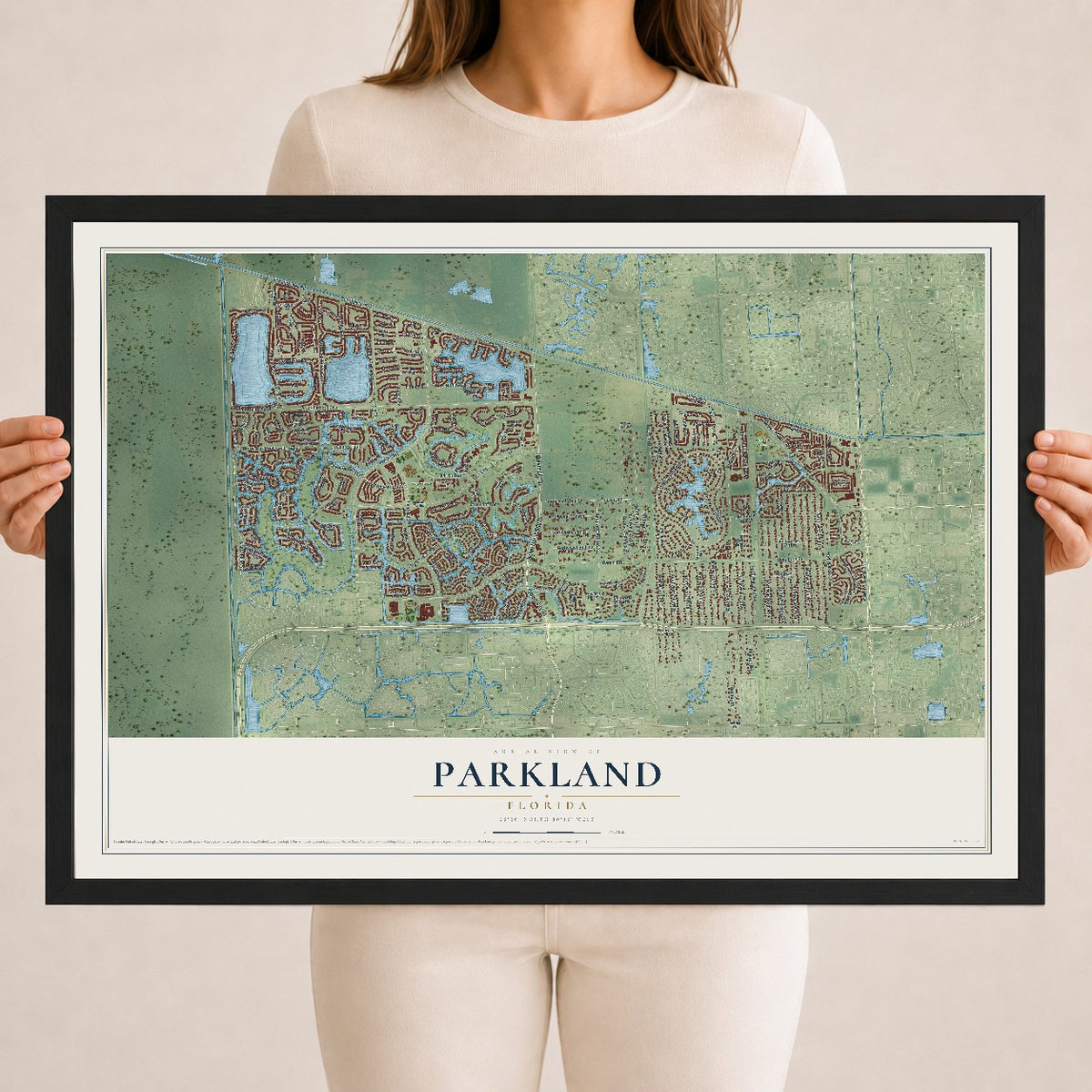 Parkland, Florida map print, 18" x 24" W/ Black Ayous Wood Frame mockup
