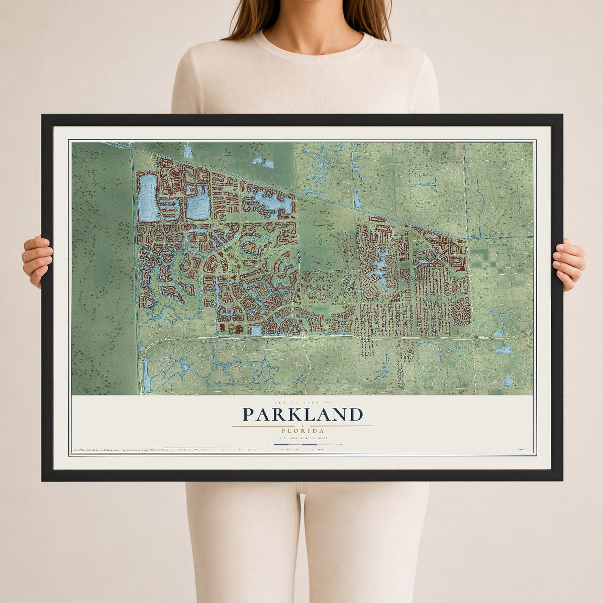 Parkland, Florida map print, 24" x 36" W/ Black Ayous Wood Frame mockup