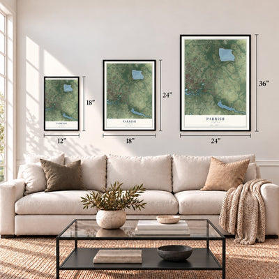Parrish, Florida map in 12 x 18, 18 x 24 and 24 x 36 inch sizes above a sofa