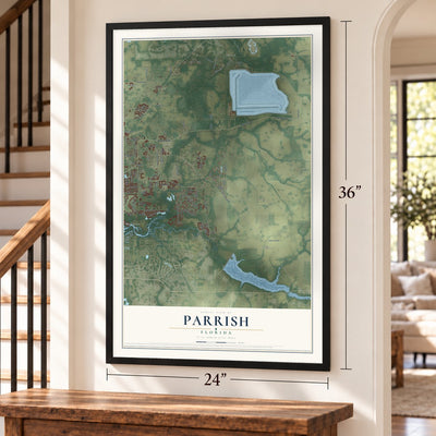 Parrish, Florida map, 24 x 36 inch print in a black frame by a staircase