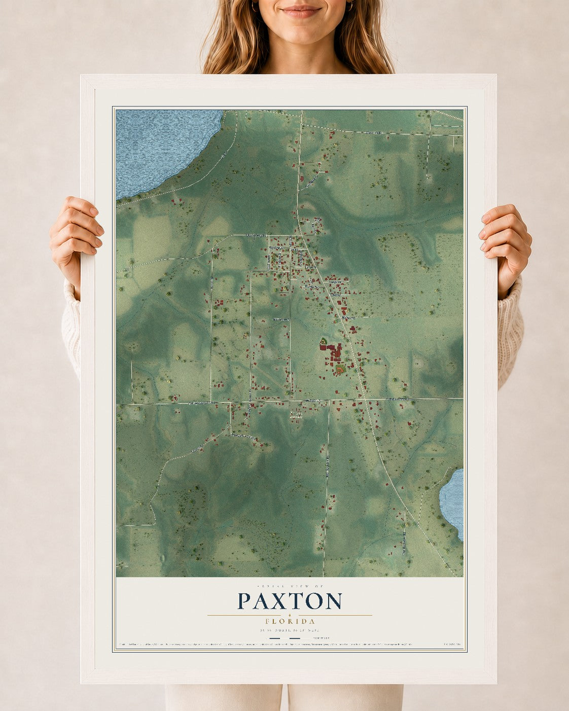 Paxton, Florida map print, 24" x 36" W/ White Ayous Wood Frame mockup