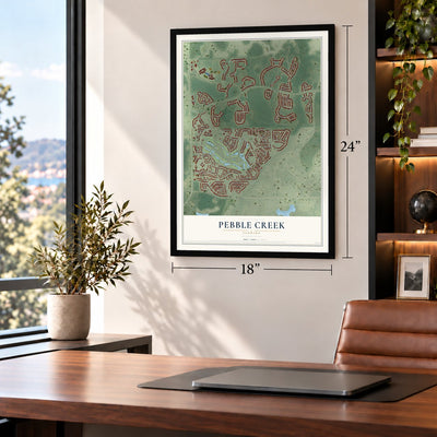 Pebble Creek, Florida map, 18 x 24 inch print in a black frame in a home office