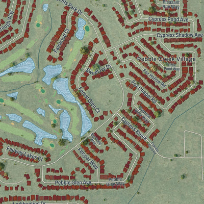 Close-up of the map of Pebble Creek, Florida print showing street and building detail