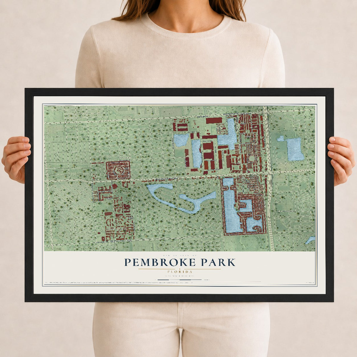Pembroke Park, Florida map print, 12" x 18" W/ Black Ayous Wood Frame mockup