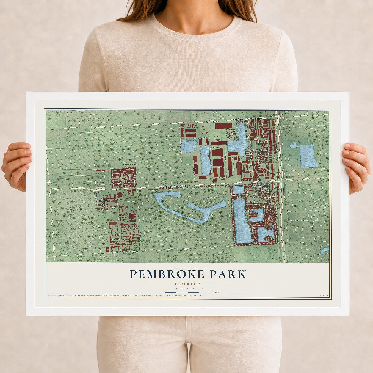 Pembroke Park, Florida map print, 12" x 18" W/ White Ayous Wood Frame mockup