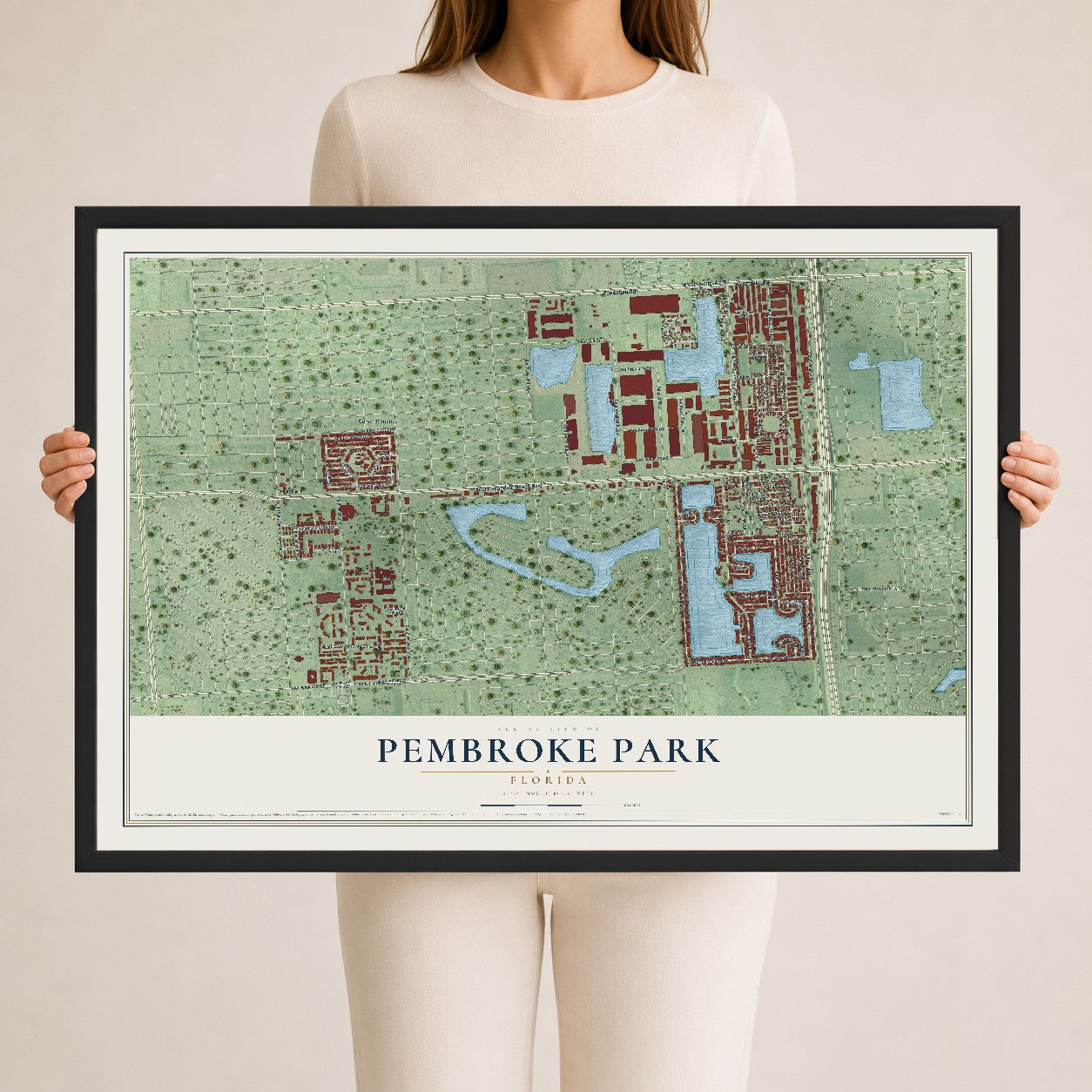 Pembroke Park, Florida map print, 24" x 36" W/ Black Ayous Wood Frame mockup