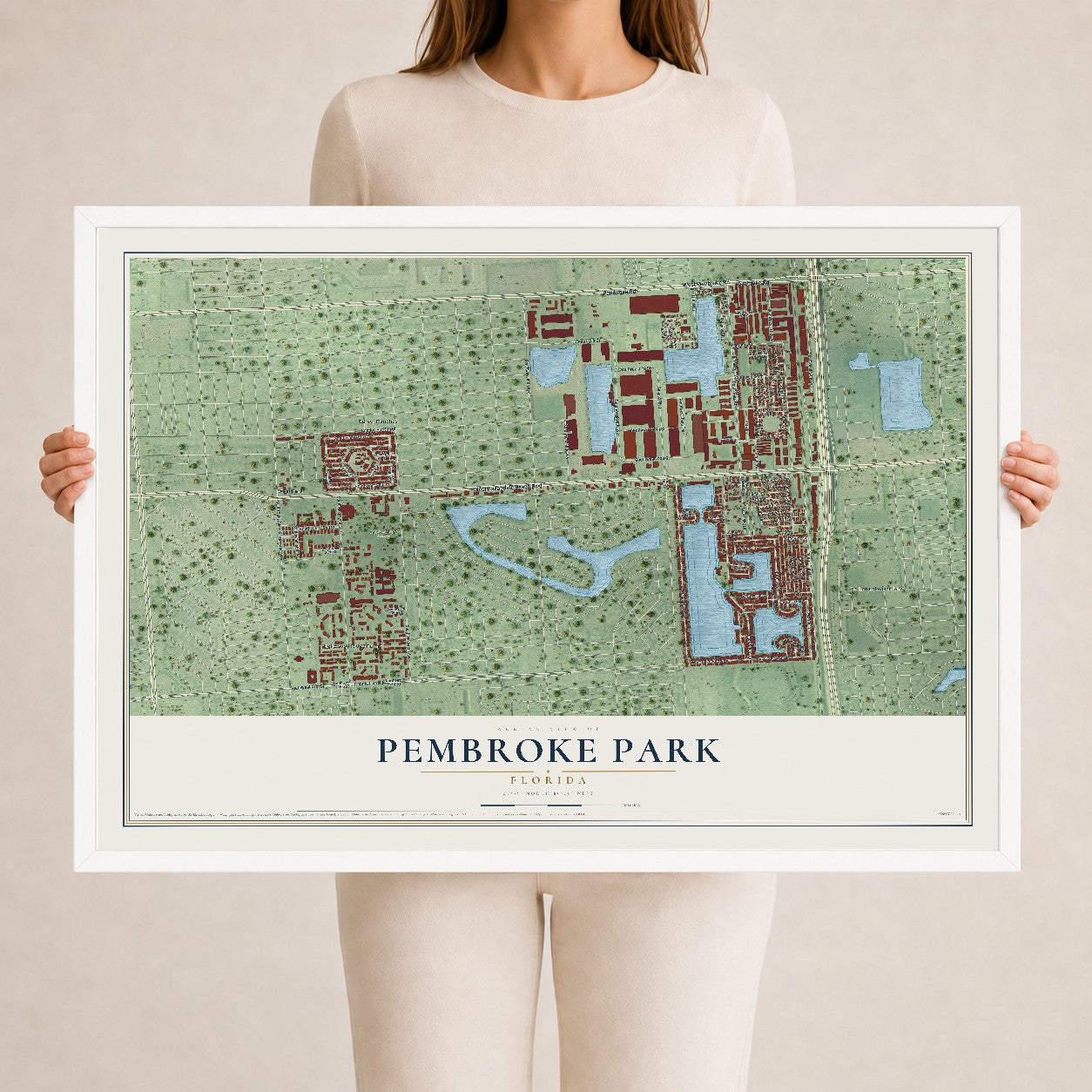 Pembroke Park, Florida map print, 24" x 36" W/ White Ayous Wood Frame mockup