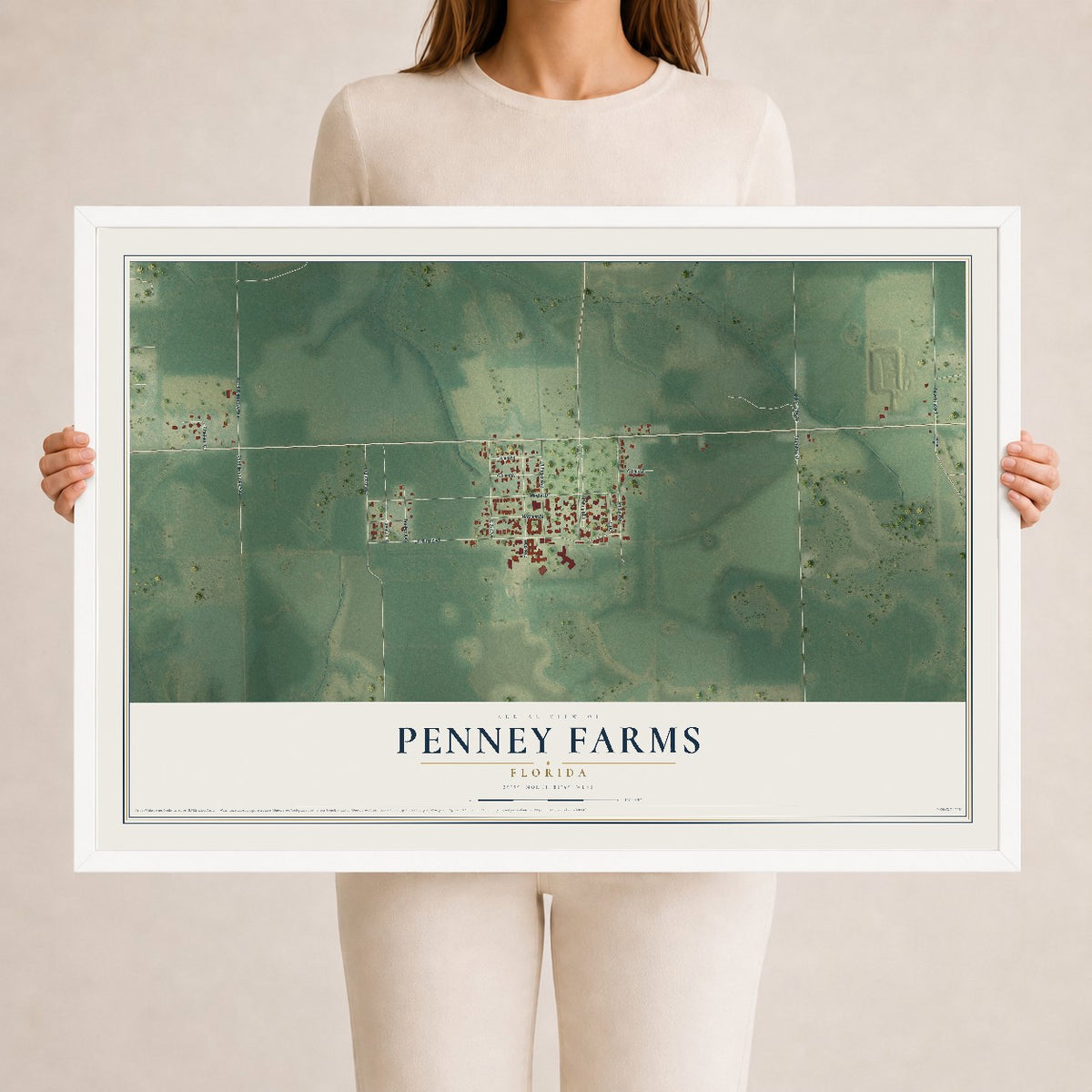 Penney Farms, Florida map print, 24" x 36" W/ White Ayous Wood Frame mockup