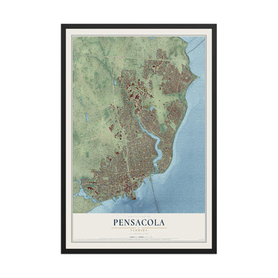 Pensacola, Florida map print, 12" x 18" W/ Black Ayous Wood Frame mockup