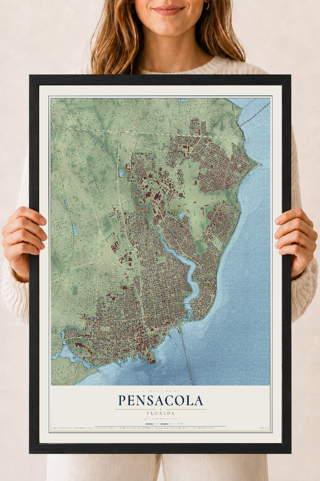 Pensacola, Florida map print, 18" x 24" W/ Black Ayous Wood Frame mockup
