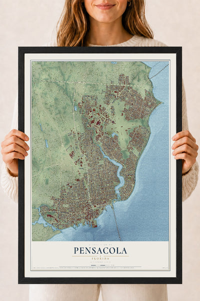 Pensacola, Florida map print, 18" x 24" W/ Black Ayous Wood Frame mockup