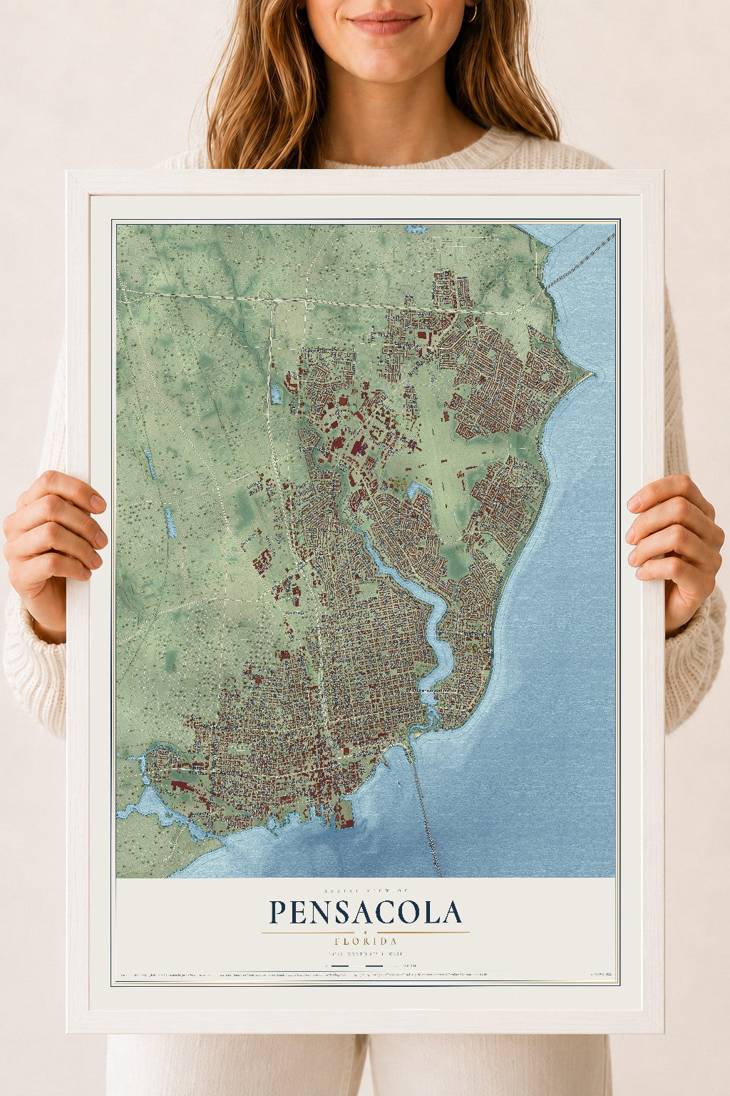 Pensacola, Florida map print, 18" x 24" W/ White Ayous Wood Frame mockup