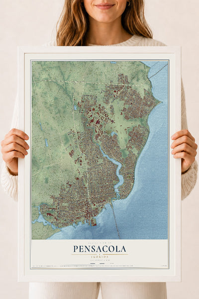 Pensacola, Florida map print, 18" x 24" W/ White Ayous Wood Frame mockup