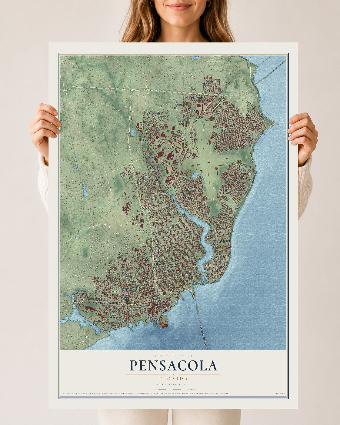 Pensacola, Florida map print, 24" x 36" Archival Matte Print mockup