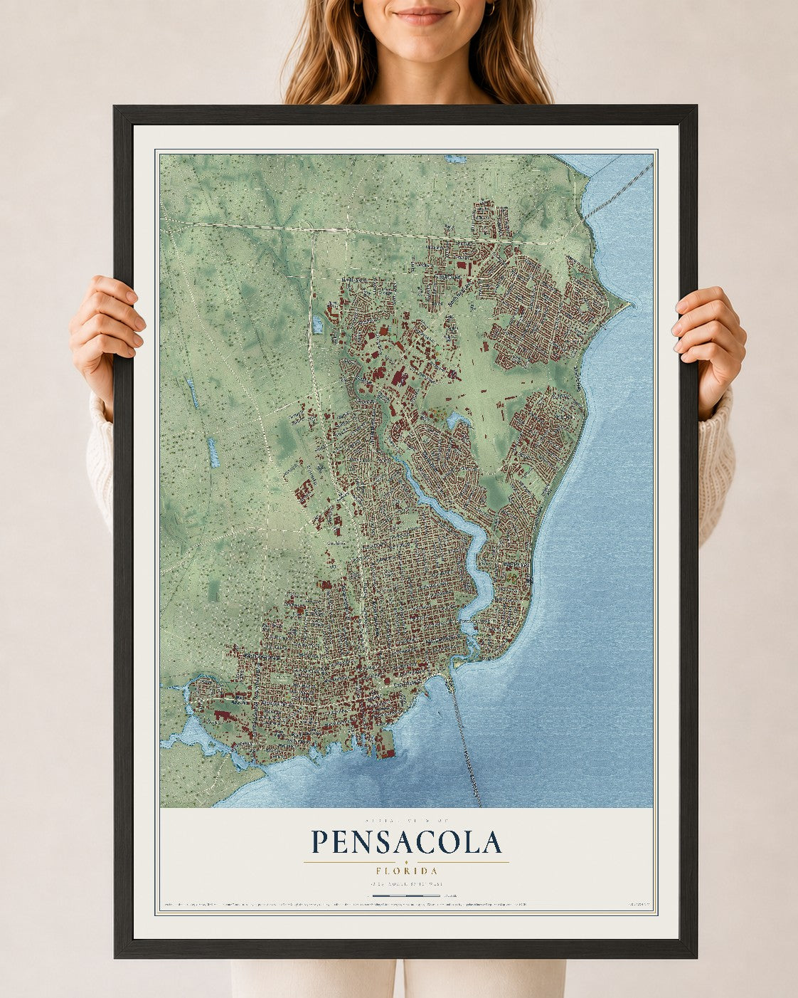 Pensacola, Florida map print, 24" x 36" W/ Black Ayous Wood Frame mockup