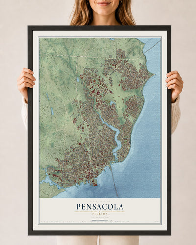 Pensacola, Florida map print, 24" x 36" W/ Black Ayous Wood Frame mockup