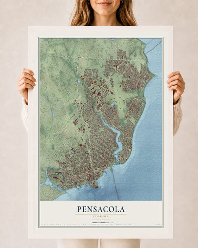 Pensacola, Florida map print, 24" x 36" W/ White Ayous Wood Frame mockup