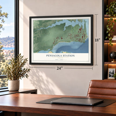 Pensacola Station, Florida map, 18 x 24 inch print in a black frame in a home office