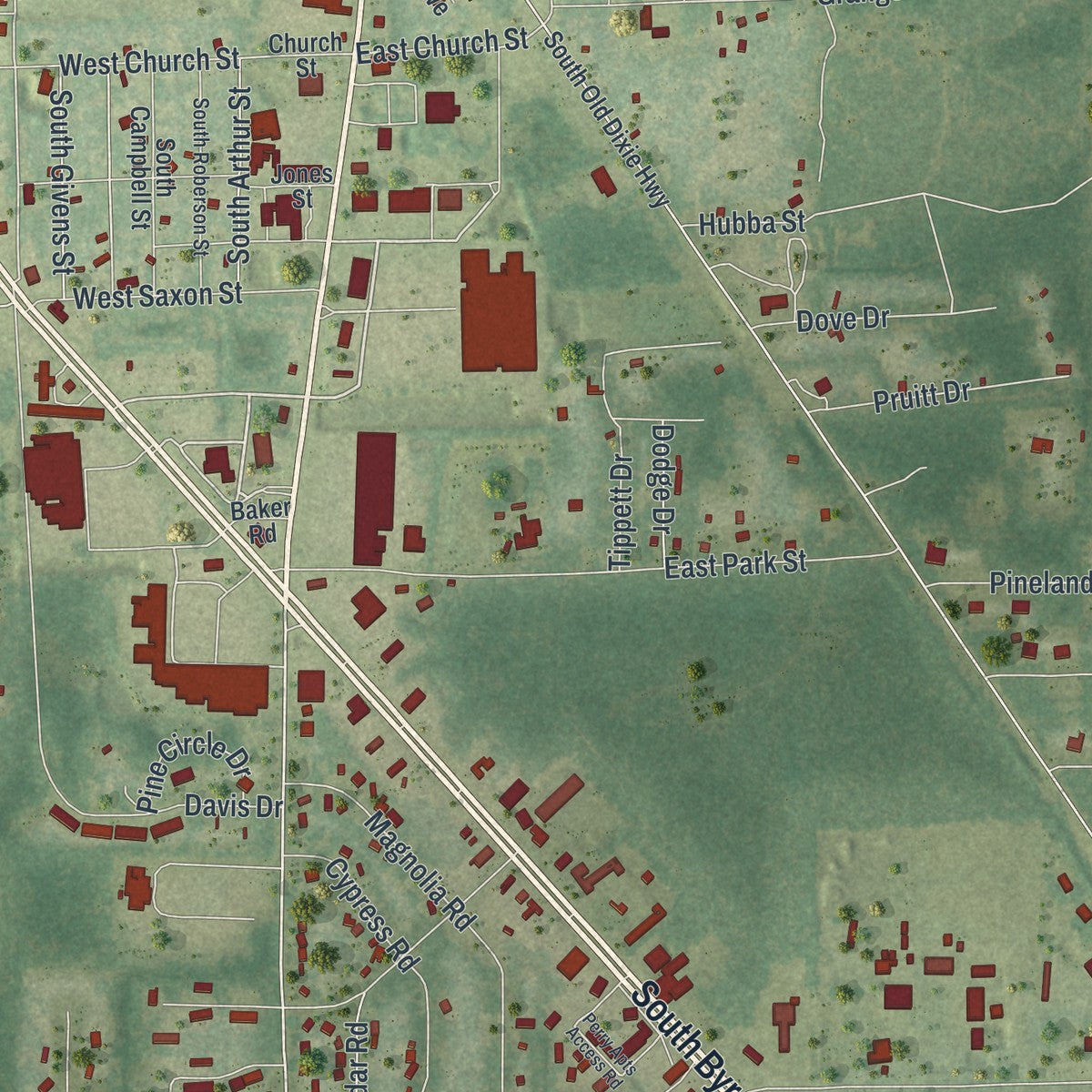 Close-up 2 of the Perry, Florida map artwork
