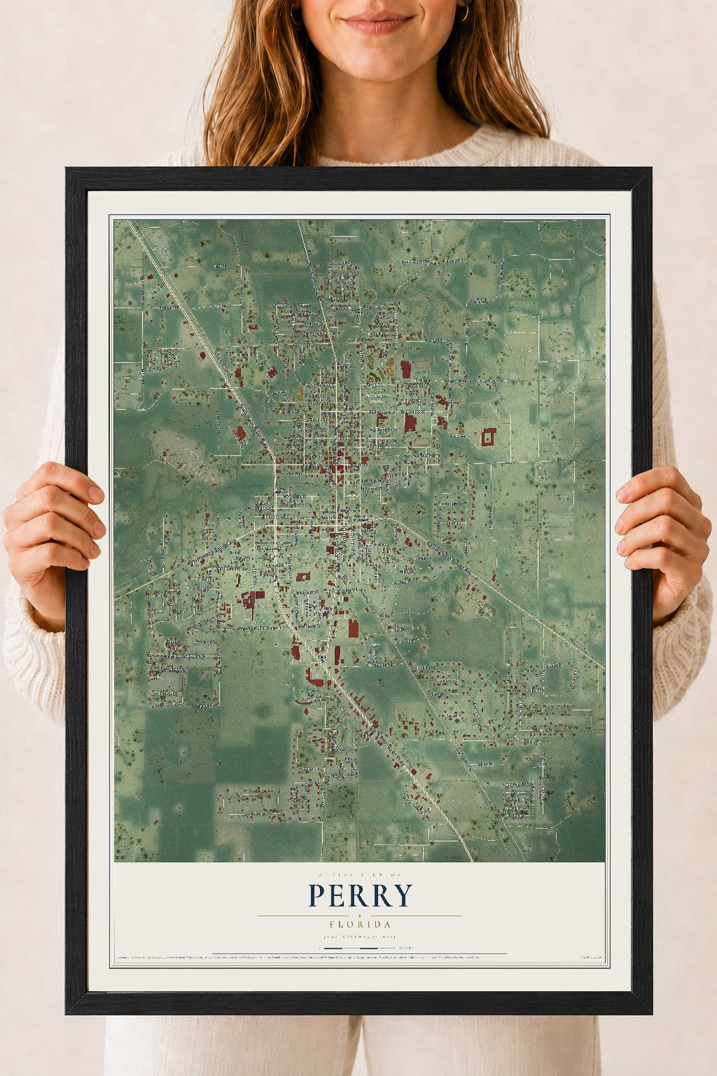 Perry, Florida map print, 18" x 24" W/ Black Ayous Wood Frame mockup