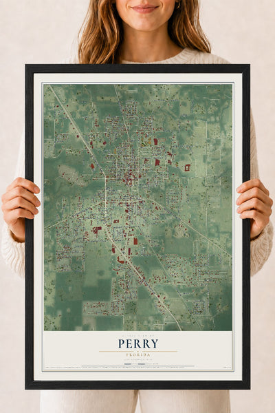 Perry, Florida map print, 18" x 24" W/ Black Ayous Wood Frame mockup