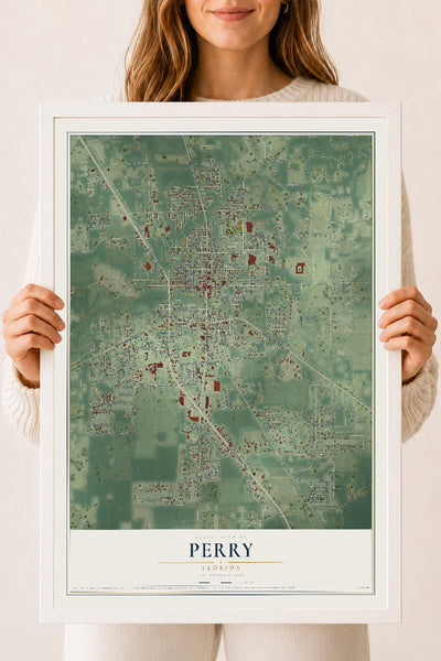 Perry, Florida map print, 18" x 24" W/ White Ayous Wood Frame mockup