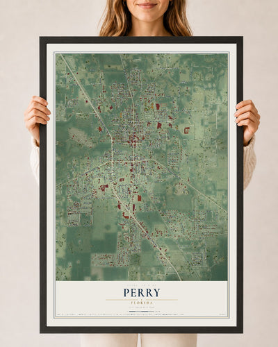 Perry, Florida map print, 24" x 36" W/ Black Ayous Wood Frame mockup
