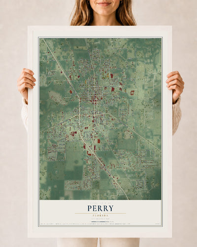 Perry, Florida map print, 24" x 36" W/ White Ayous Wood Frame mockup