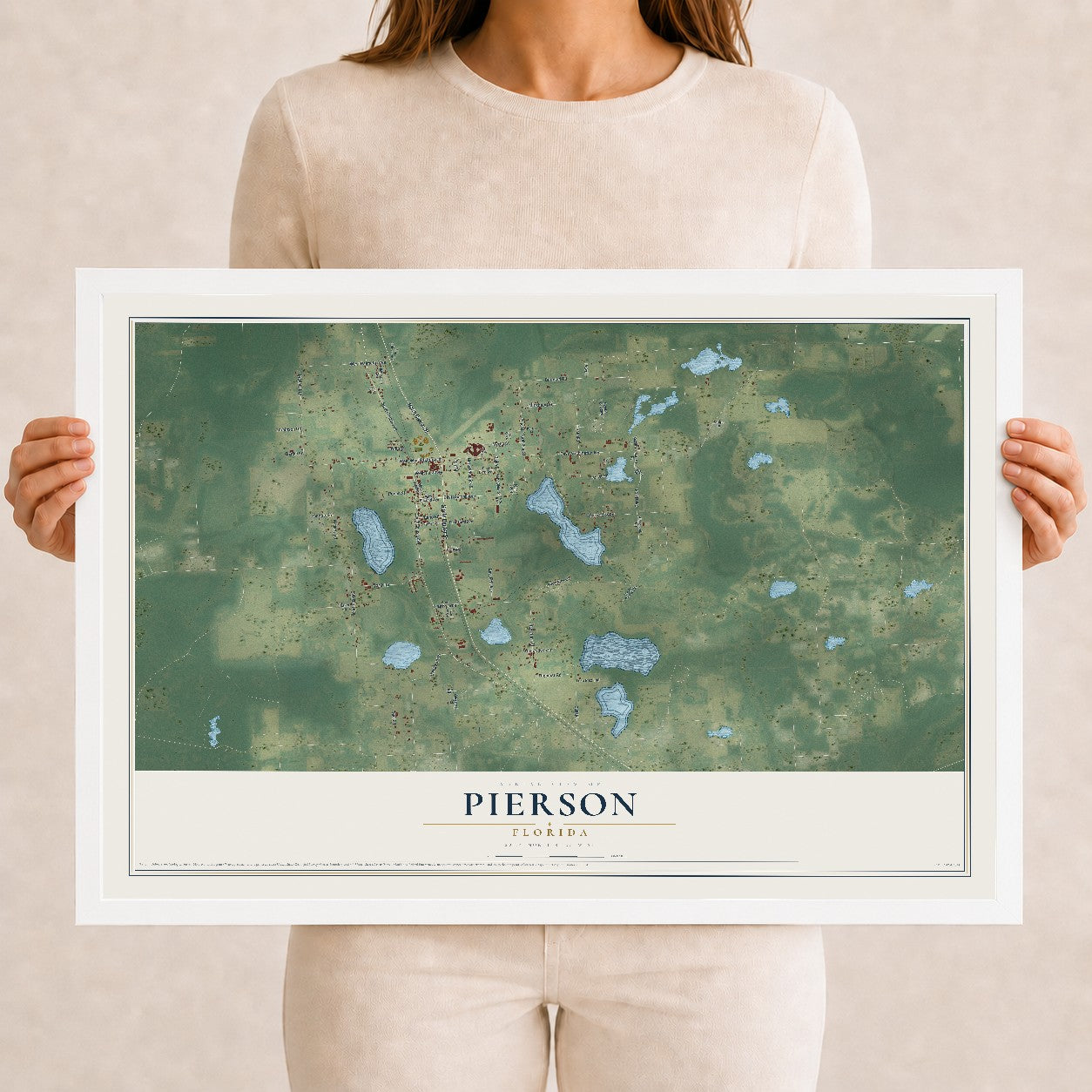 Pierson, Florida map print, 12" x 18" W/ White Ayous Wood Frame mockup
