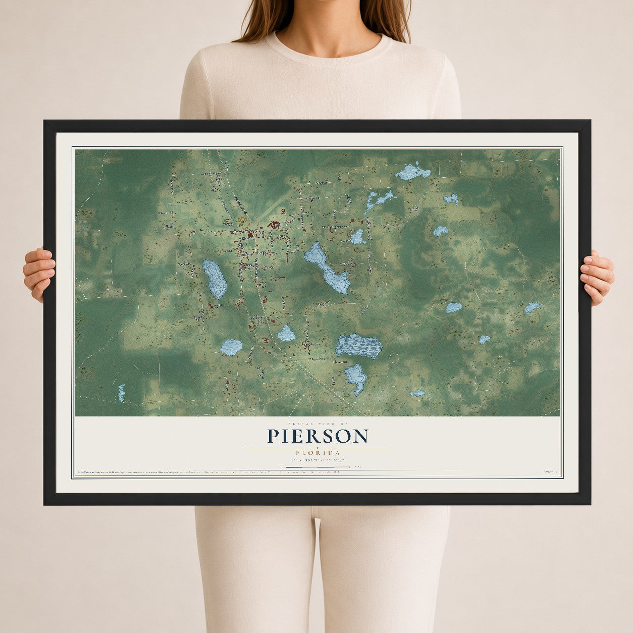 Pierson, Florida map print, 24" x 36" W/ Black Ayous Wood Frame mockup