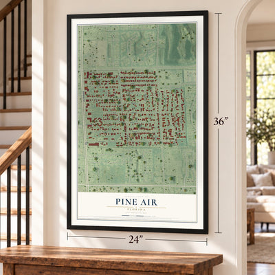 Pine Air, Florida map, 24 x 36 inch print in a black frame by a staircase