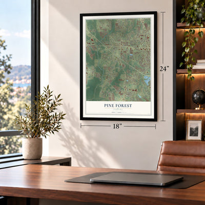 Pine Forest, Florida map, 18 x 24 inch print in a black frame in a home office