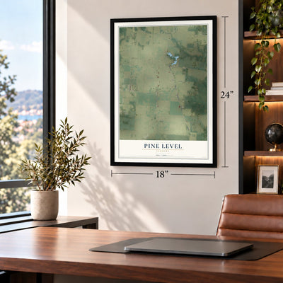 Pine Level, Florida map, 18 x 24 inch print in a black frame in a home office
