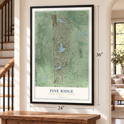 Pine Ridge, Collier County, Florida map, 24 x 36 inch print in a black frame by a staircase