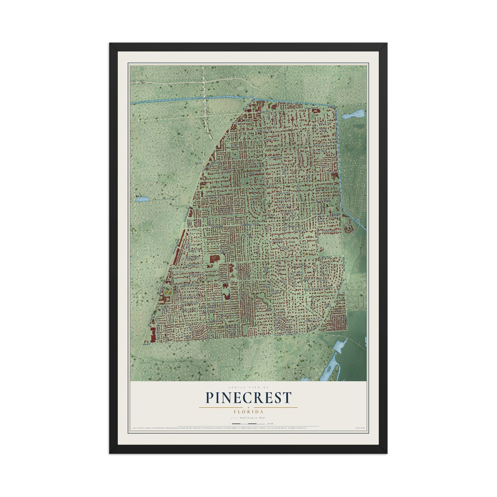 Pinecrest, Florida map print, 12" x 18" W/ Black Ayous Wood Frame mockup