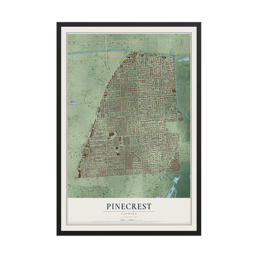 Map of Pinecrest, Florida, 12 x 18 inch print in a black wood frame