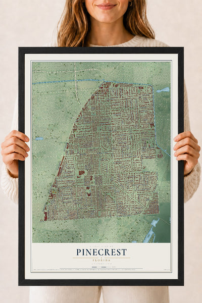 Pinecrest, Florida map print, 18" x 24" W/ Black Ayous Wood Frame mockup