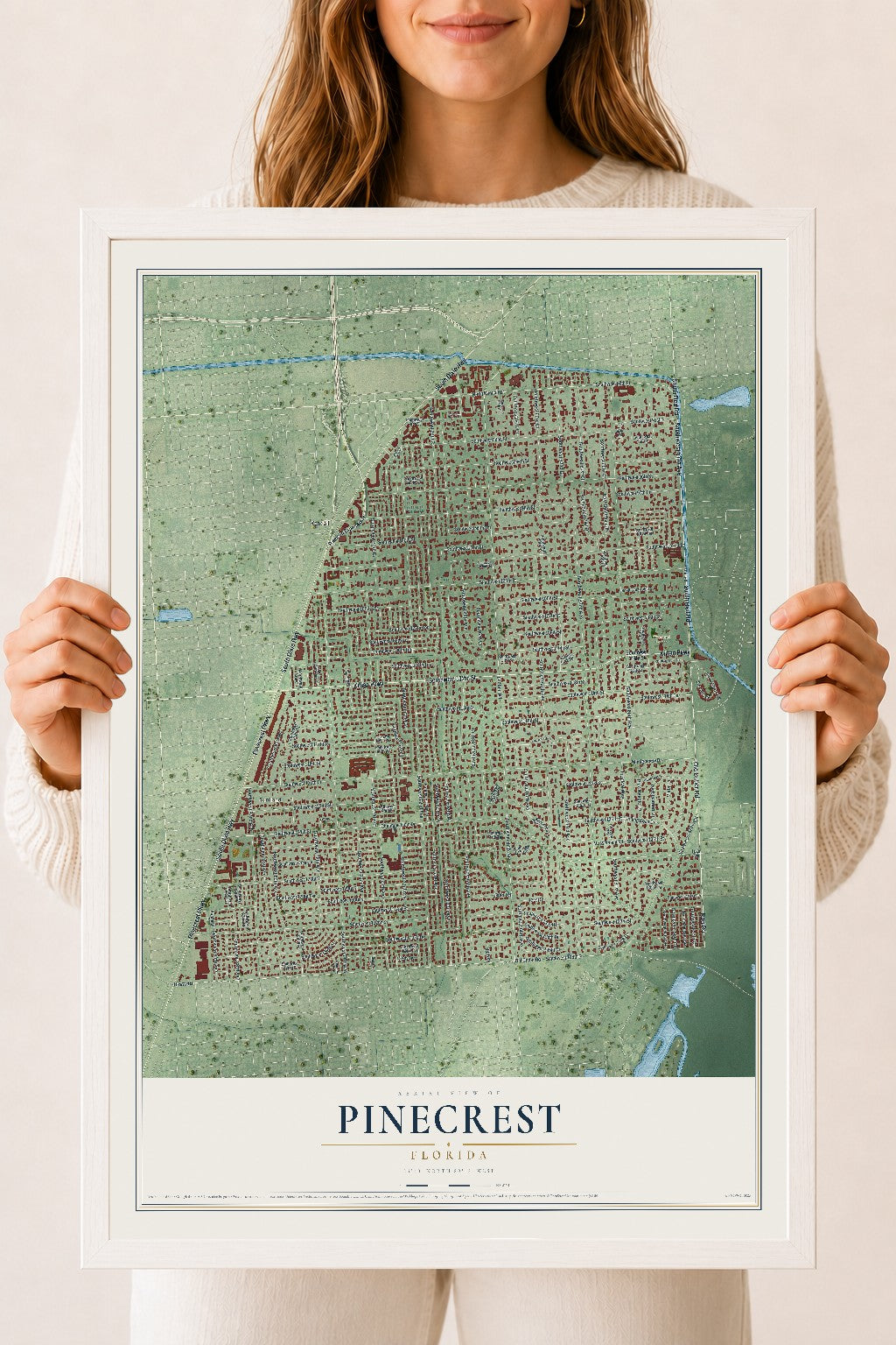 Pinecrest, Florida map print, 18" x 24" W/ White Ayous Wood Frame mockup