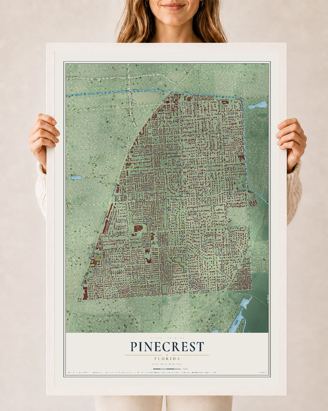Pinecrest, Florida map print, 24" x 36" W/ White Ayous Wood Frame mockup