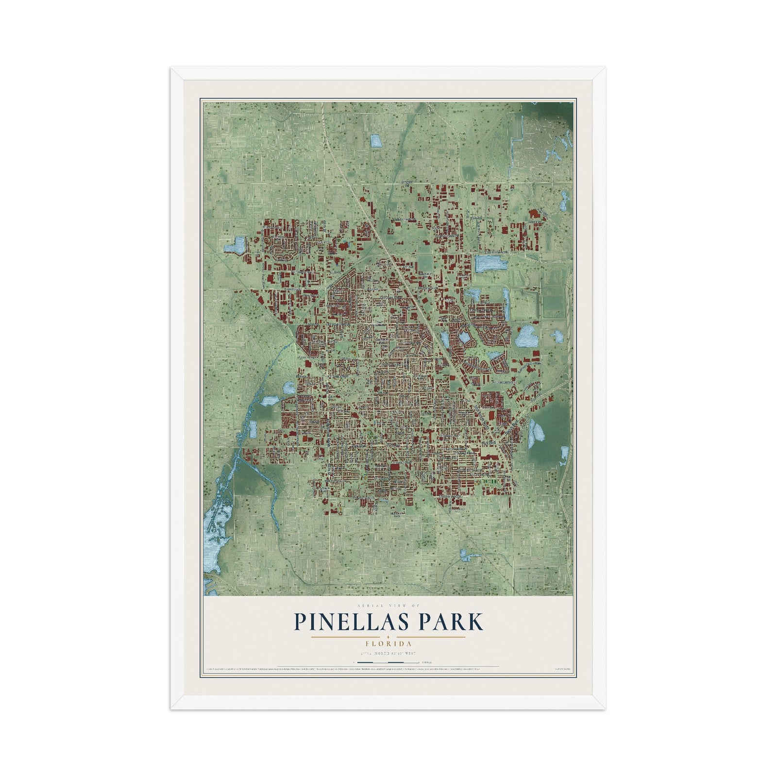 Pinellas Park, Florida map print, 12" x 18" W/ White Ayous Wood Frame mockup