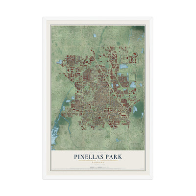 Pinellas Park, Florida map print, 12" x 18" W/ White Ayous Wood Frame mockup